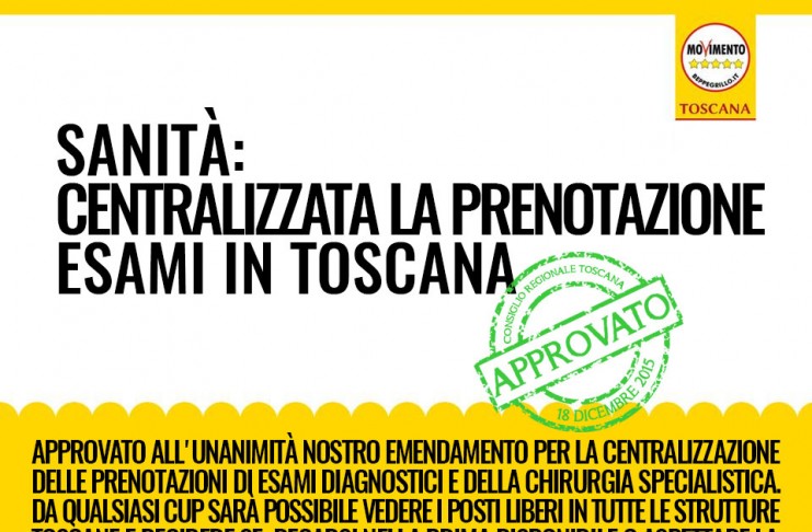 SANITA’, VITTORIA 5 STELLE: CENTRALIZZATA LA PRENOTAZIONE ESAMI IN TOSCANA
