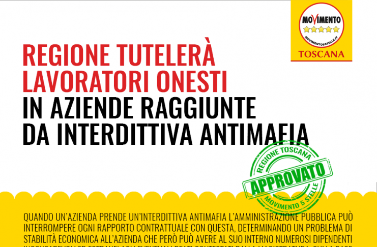 REGIONE TUTELERÀ LAVORATORI ONESTI IN AZIENDE RAGGIUNTE DA INTERDITTIVA ANTIMAFIA. VITTORIA M5S